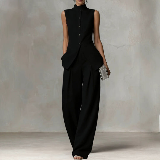 Damen Ärmelloser Leinen-Jumpsuit mit Stehkragen und weitem Bein Nord Taschen