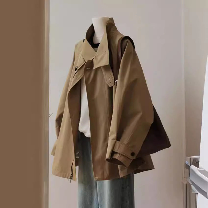 Damen Trench-inspirierte Kurzjacke mit Oversize-Silhouette, Stehkragen und verdecktem Reißverschluss Nord Taschen