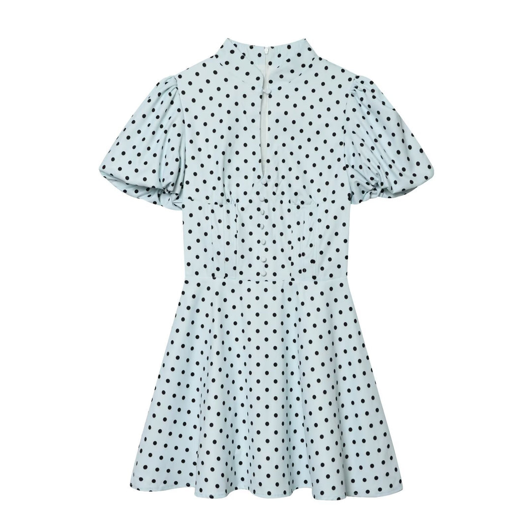 Damen Gepunktetes A‑Linien‑Kleid mit Stehkragen, Taillierung und Ballonärmeln Nord Taschen