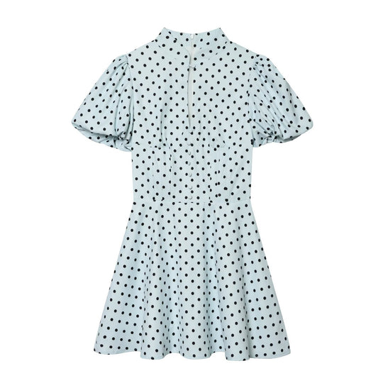 Damen Gepunktetes A‑Linien‑Kleid mit Stehkragen, Taillierung und Ballonärmeln Nord Taschen