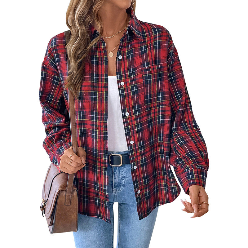 Damen Oversize-Karo-Hemdbluse aus weichem Flanell mit Brusttasche und verlängertem Rückenteil Nord Taschen