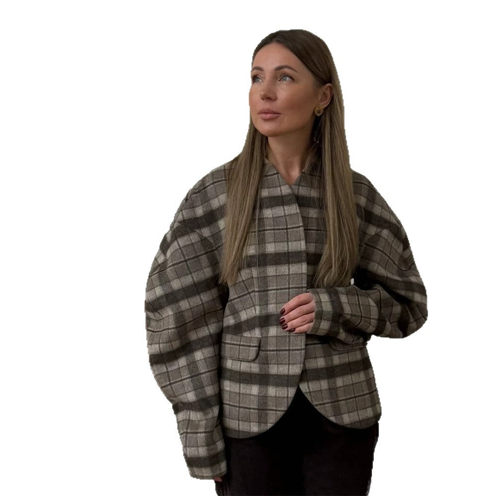 Damen Karierter Boxy‑Blazer mit voluminösen Ballonärmeln Nord Taschen