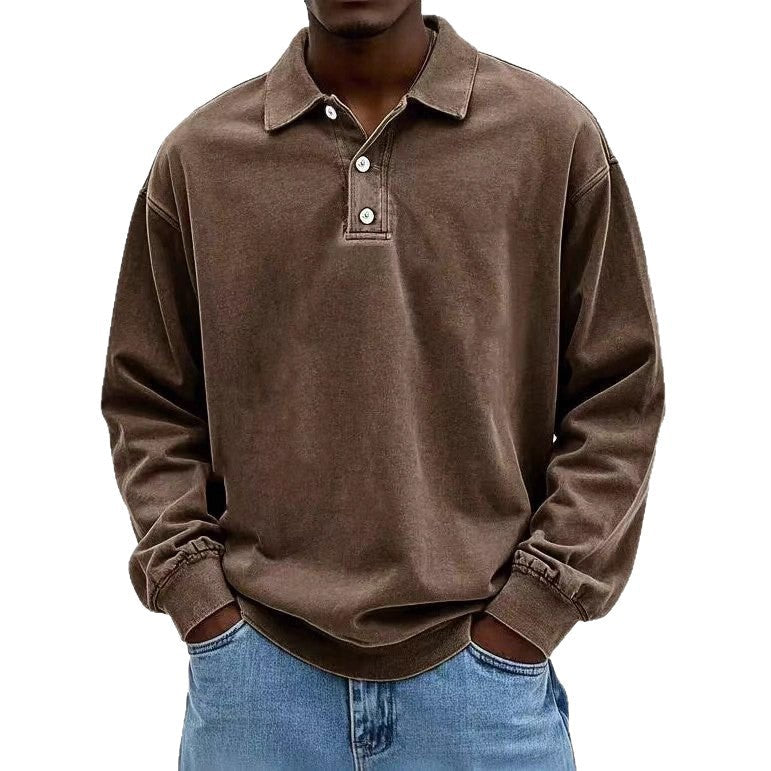 Herren nan lässiges Poloshirt-Sweatshirt mit Kragen, Vintage-Waschung und dreiteiliger Knopfleiste