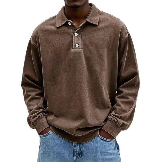 Herren nan lässiges Poloshirt-Sweatshirt mit Kragen, Vintage-Waschung und dreiteiliger Knopfleiste