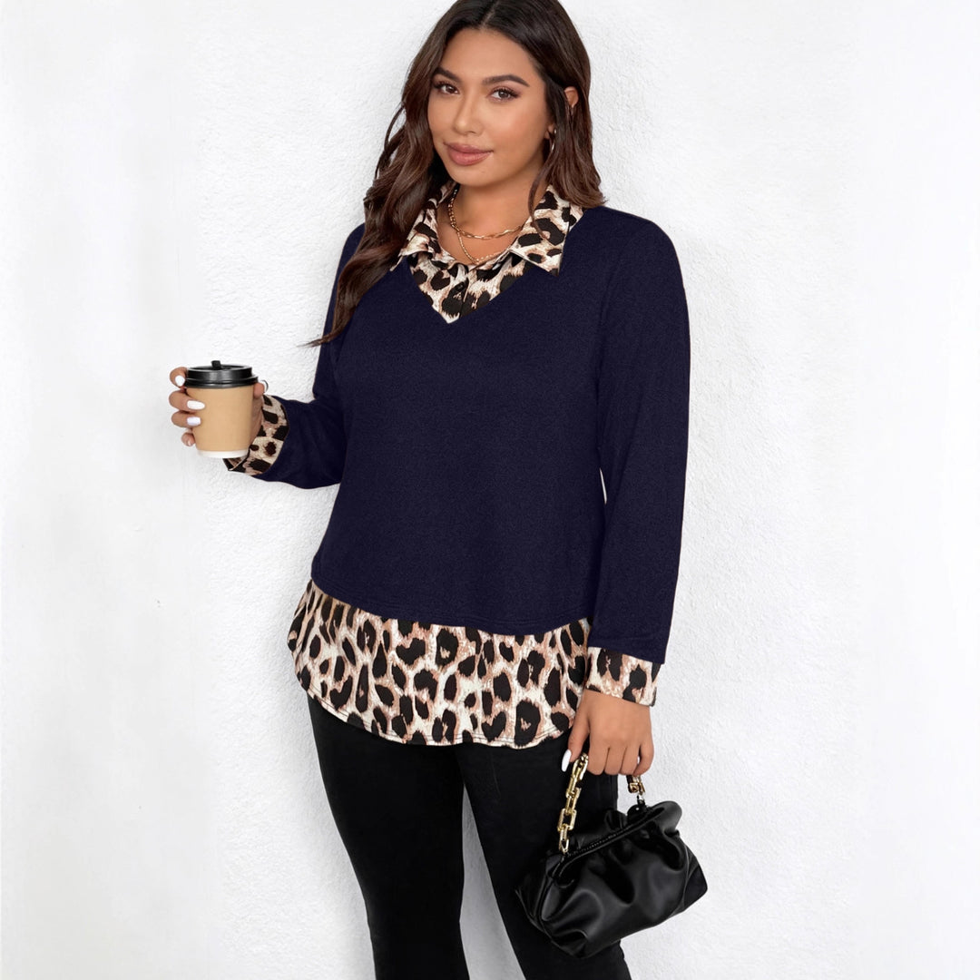 Damen Lagenlook-Pullover mit V-Ausschnitt und Leoprint-Blusen-Einsatz Nord Taschen