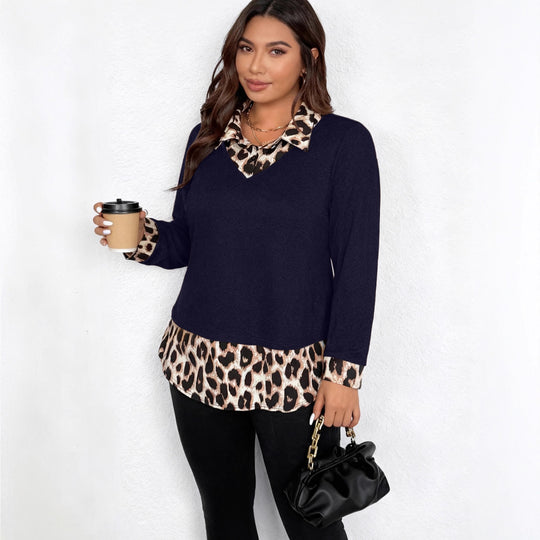 Damen Lagenlook-Pullover mit V-Ausschnitt und Leoprint-Blusen-Einsatz Nord Taschen