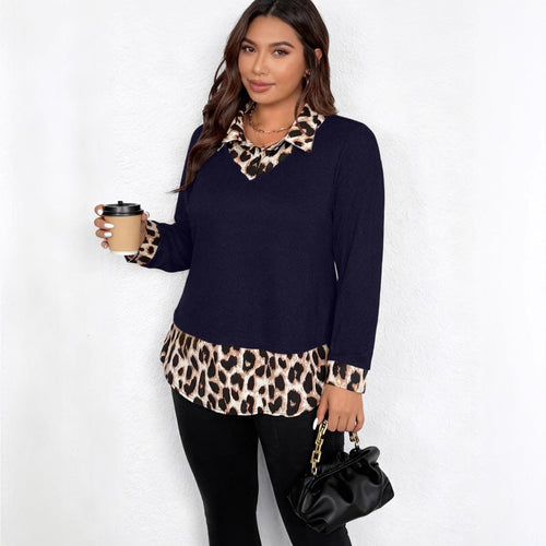 Damen Lagenlook-Pullover mit V-Ausschnitt und Leoprint-Blusen-Einsatz Nord Taschen