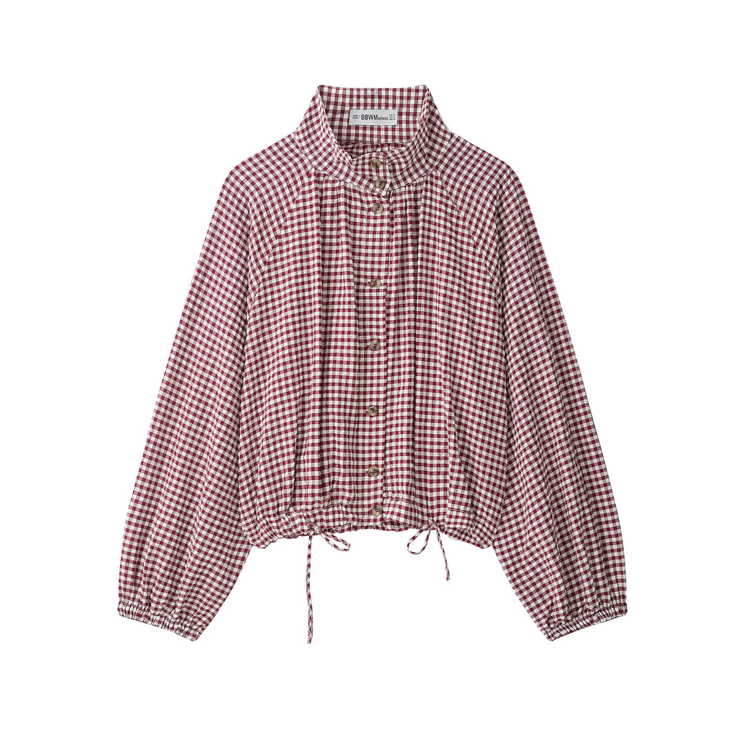 Damen Karo-Bluse mit Stehkragen, Knopfleiste und Tunnelzug-Saum Nord Taschen