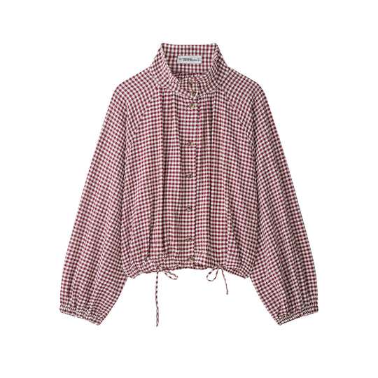 Damen Karo-Bluse mit Stehkragen, Knopfleiste und Tunnelzug-Saum Nord Taschen