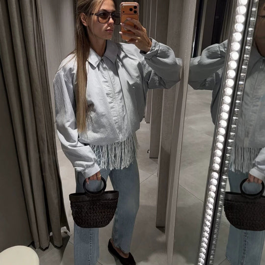 Damen Leichte Cropped‑Übergangsjacke mit Hemdkragen, Reißverschluss und elastischen Bündchen Nord Taschen