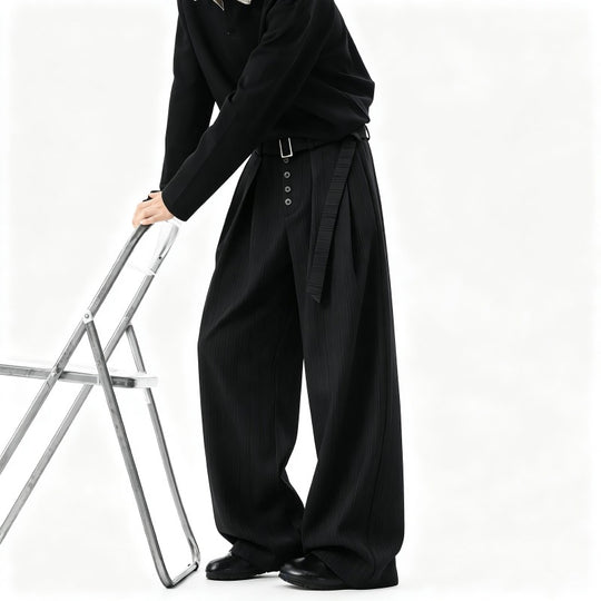 Herren Weite Nadelstreifen-Hose im Baggy‑Cut mit hoher Taille, Falten und Zierknopfleiste Nord Taschen