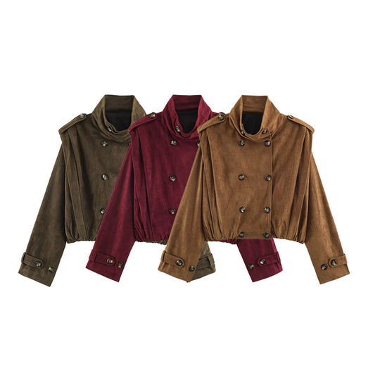 Damen Kurzgeschnittener Doppelreihiger Wildlederoptik-Bomber mit Stehkragen und Schulterpatten Nord Taschen