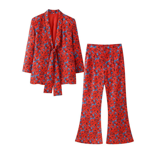 Damen Zweiteiliges Blumen-Jacquard-Blazer- und Schlaghose-Set Nord Taschen