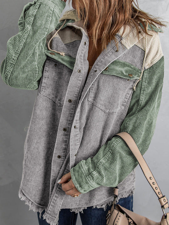 Nord Taschen | Jacke mit Kapuze Oversized Fit Cord-Textur Knopfverschluss Fransenrand