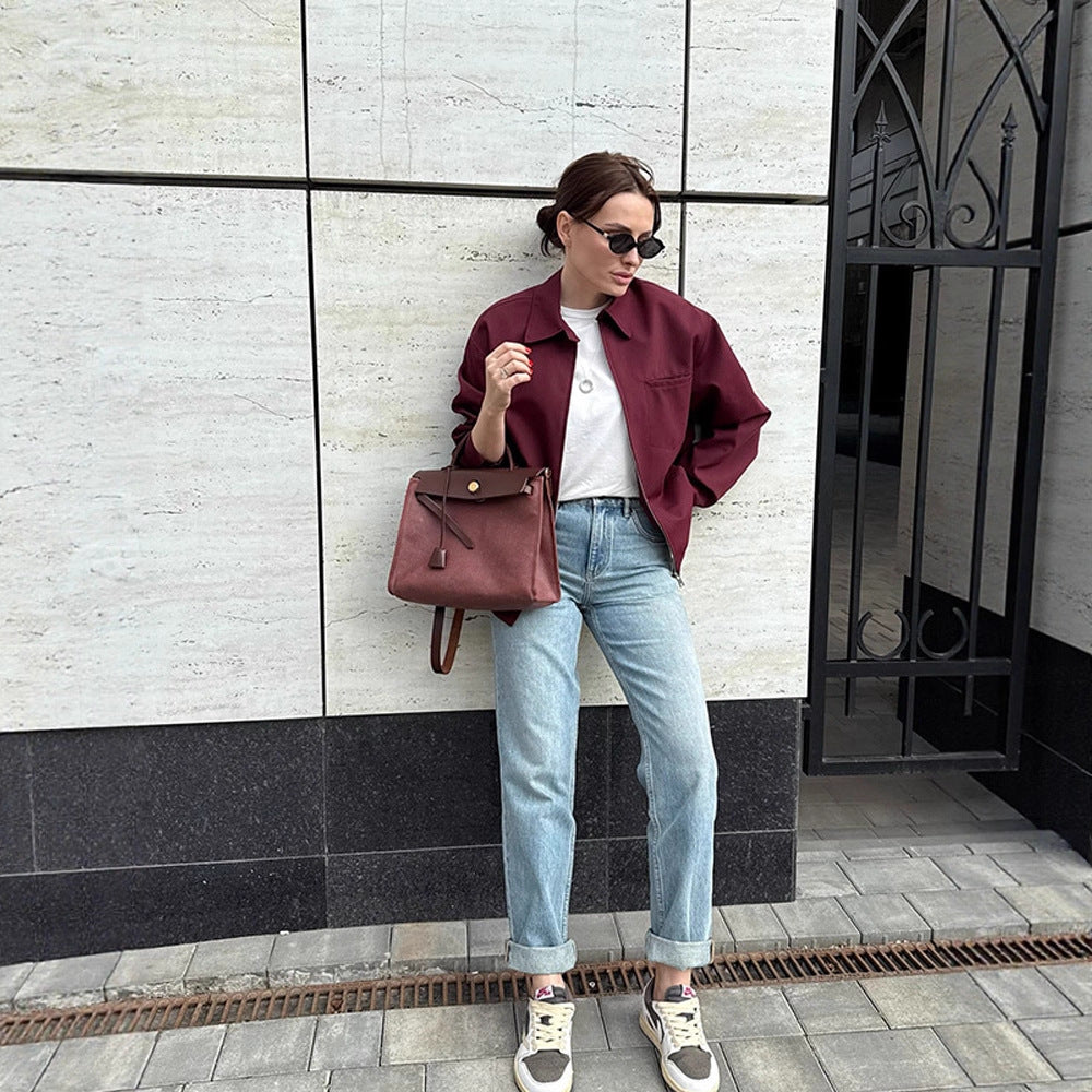 Damen Leichte Twill-Übergangsjacke mit Hemdkragen, verdecktem Reißverschluss und kastiger Silhouette Nord Taschen