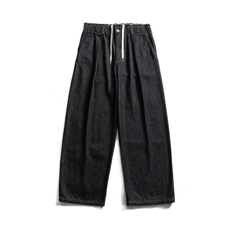 Unisex Weite Denim‑Hose mit elastischem Bund, Kordelzug und Plissee‑Falten Nord Taschen