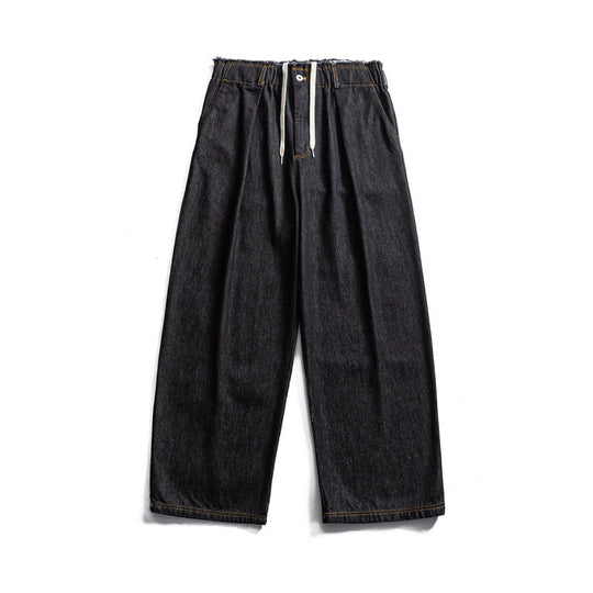 Unisex Weite Denim‑Hose mit elastischem Bund, Kordelzug und Plissee‑Falten Nord Taschen