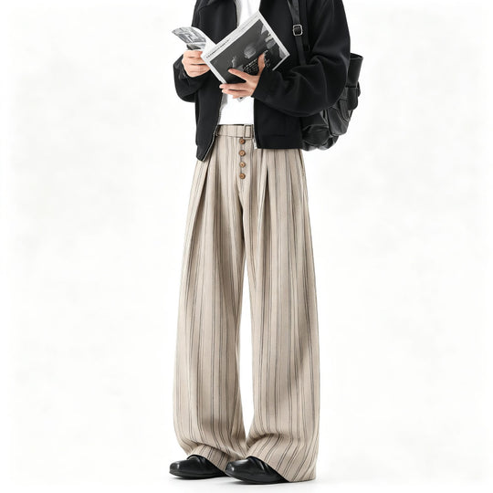 Herren Weite Nadelstreifen-Hose im Baggy‑Cut mit hoher Taille, Falten und Zierknopfleiste Nord Taschen