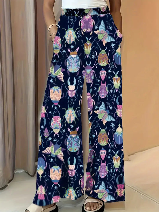 Damen Weite Palazzo-Hose mit elastischem Bund und auffälligem Käferprint Nord Taschen