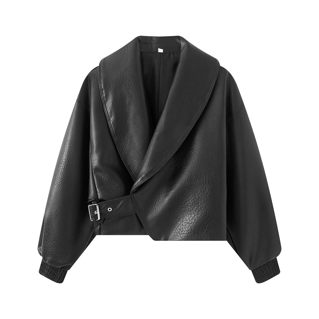 Damen Boxy Cropped Blousonjacke aus Kunstleder mit überlappendem Schalkragen und Taillenriemen Nord Taschen