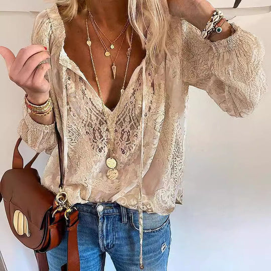 Damen Elegante und feminine Bluse mit V-Ausschnitt und Spitzenakzenten