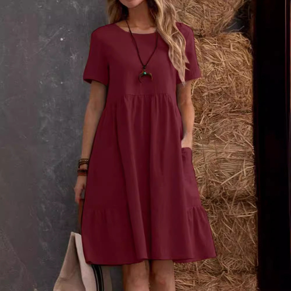 Damen Lockeres Baumwollkleid mit Taschen und Volant