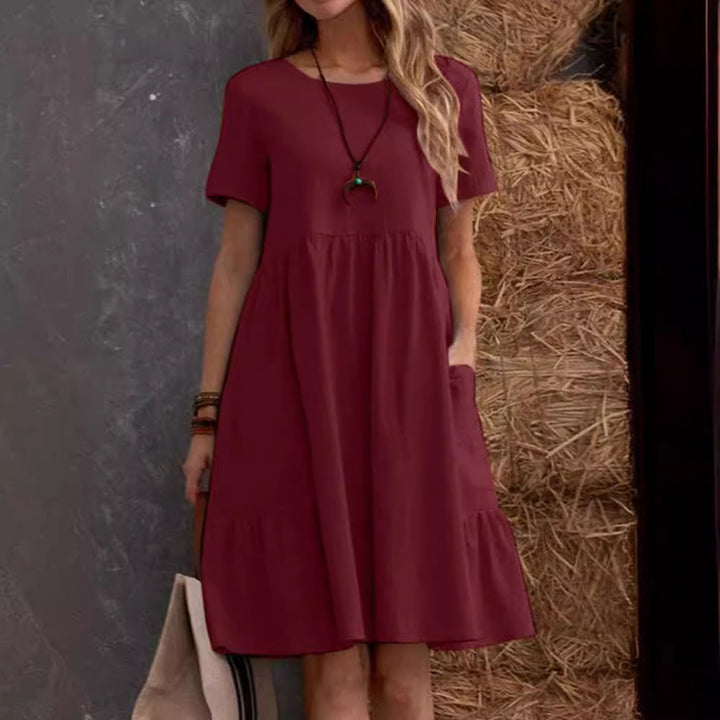 Damen Lockeres Baumwollkleid mit Taschen und Volant