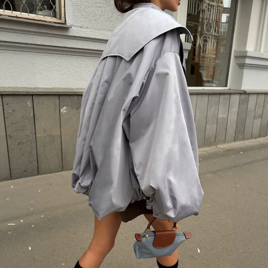 Damen Oversize Kurzjacke mit weitem Volumenärmeln und Tunnelzugsaum Nord Taschen