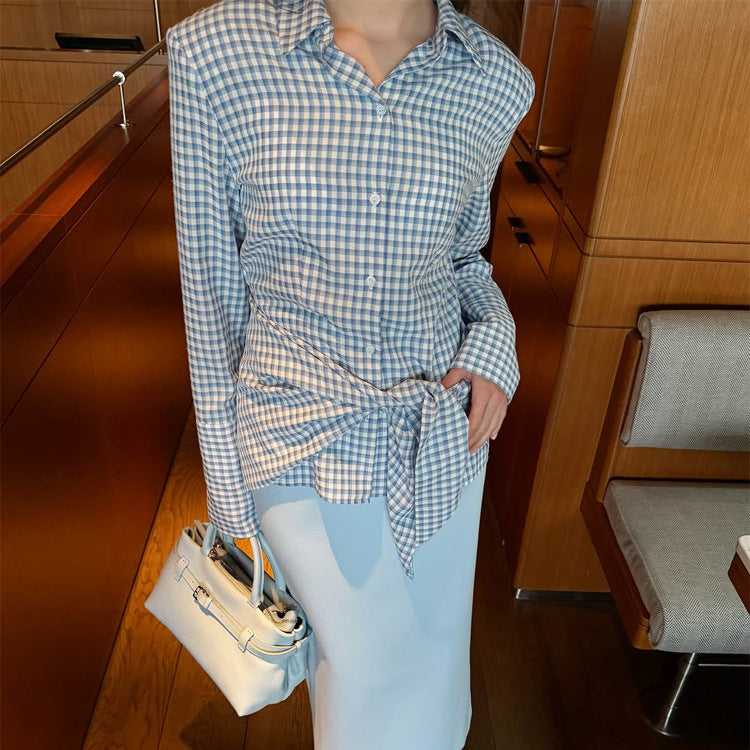 Damen Gingham-Wickelbluse mit seitlicher Taillenbinde und Hemdkragen Nord Taschen