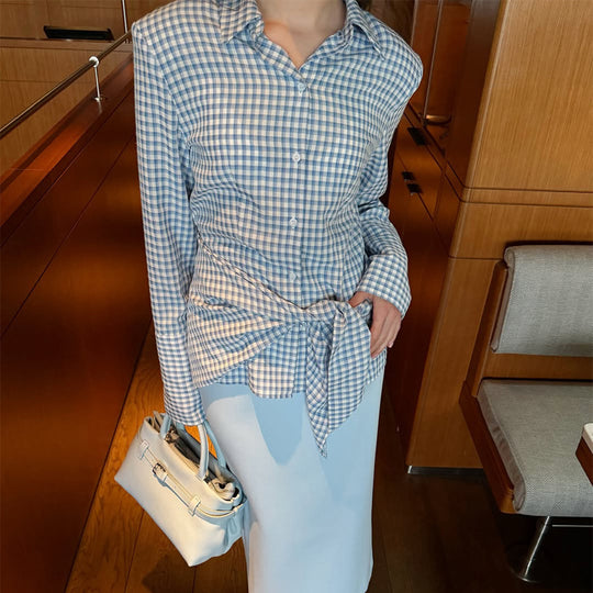 Damen Gingham-Wickelbluse mit seitlicher Taillenbinde und Hemdkragen Nord Taschen