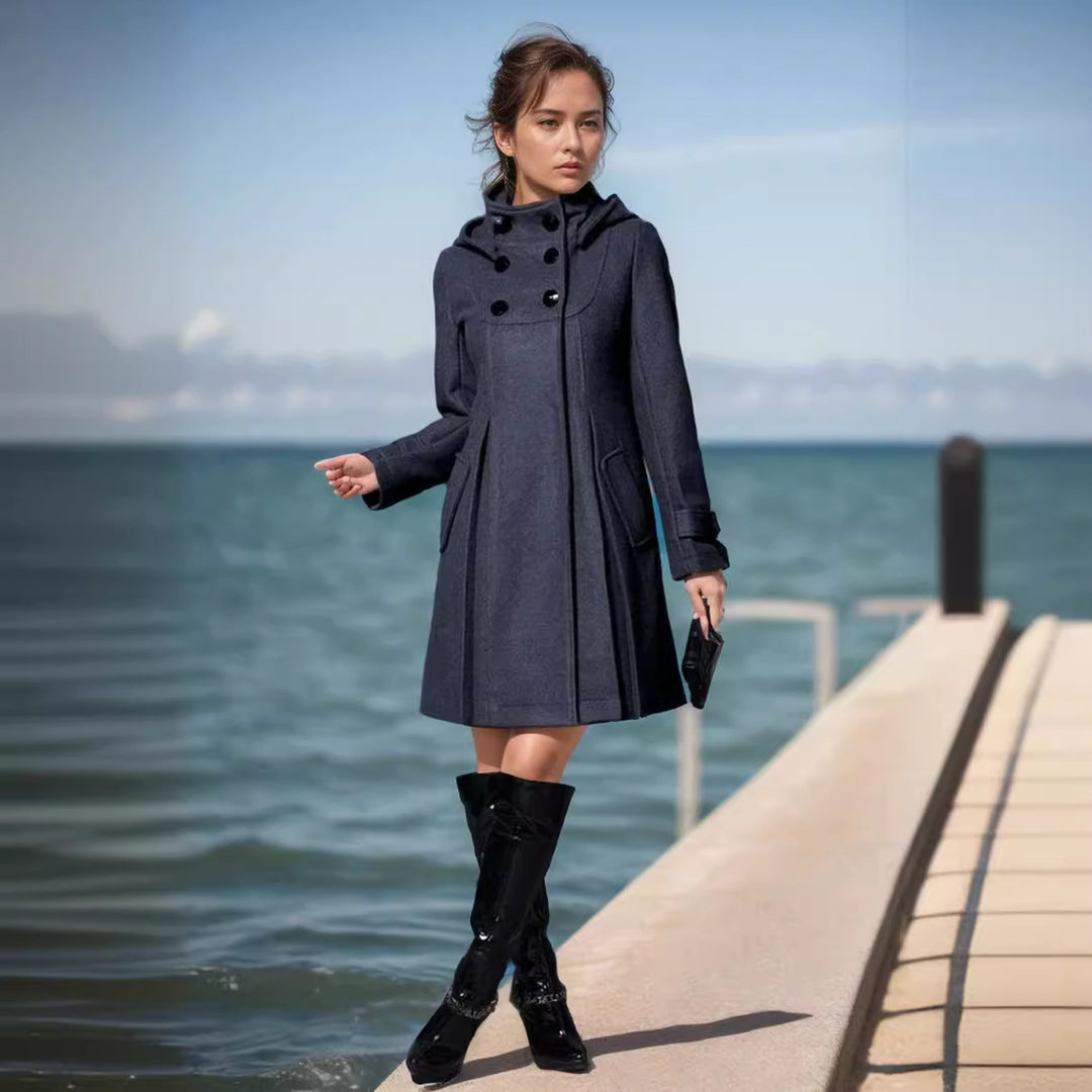 Damen Taillierter Wollmix-Mantel mit hohem Stehkragen und A-Linien-Silhouette Nord Taschen