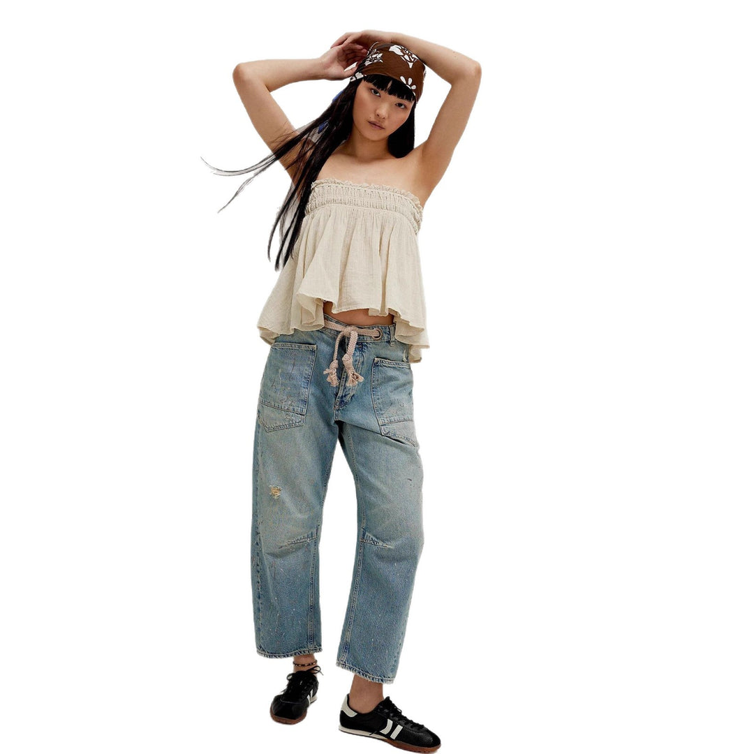 Damen hochgeschnittene Jeans im weiten Schnitt mit aufgesetzten Taschen und Kordelzug Nord Taschen