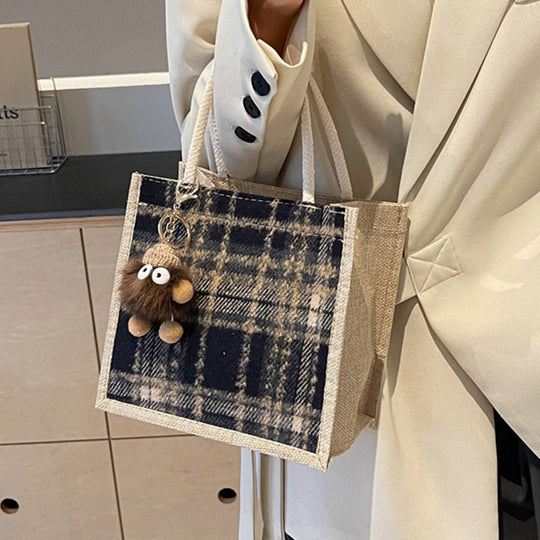Damen Jute-Shoppingtasche mit modernem Hahnentritt-Muster Nord Taschen