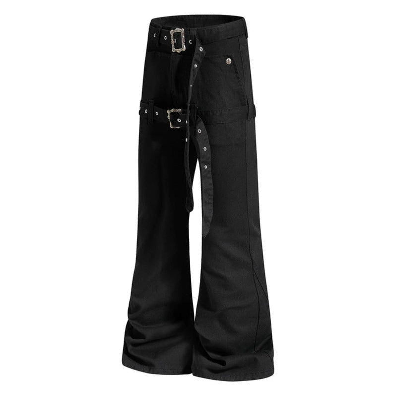 Damen High‑Waist Schlag-Cargohose mit weitem Bein, Doppelgürtel und Metallösen Nord Taschen