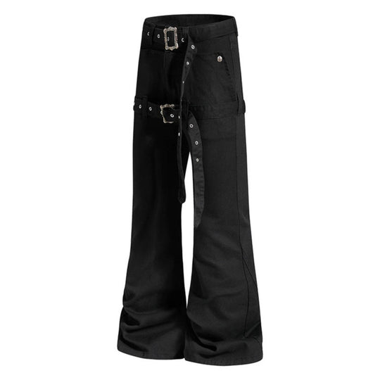 Damen High‑Waist Schlag-Cargohose mit weitem Bein, Doppelgürtel und Metallösen Nord Taschen
