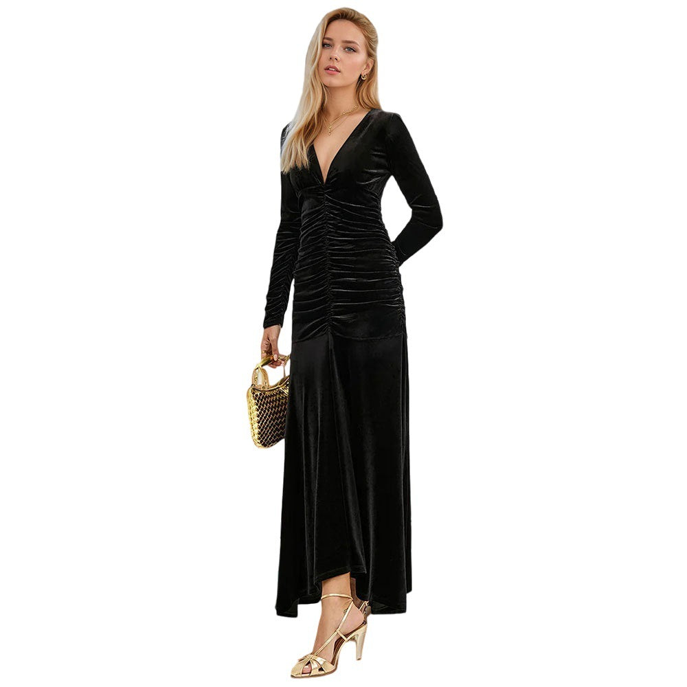 Damen samt-maxikleid mit tiefem V-Ausschnitt geraffter Taillenpartie und Mermaid-Schnitt Nord Taschen