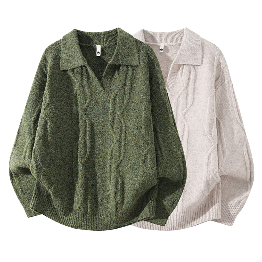 Damen Oversize Mohair‑Optik Zopfstrickpullover mit Polokragen und V‑Ausschnitt Nord Taschen