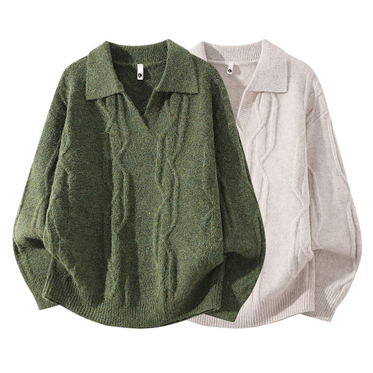 Damen Oversize Mohair‑Optik Zopfstrickpullover mit Polokragen und V‑Ausschnitt Nord Taschen
