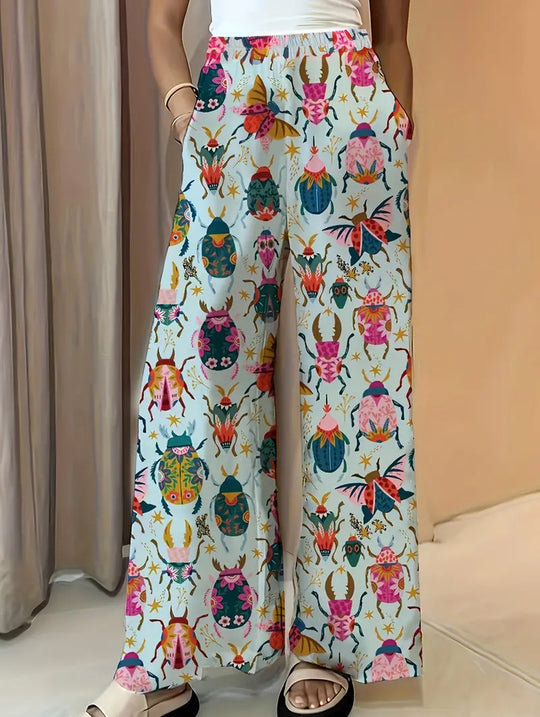 Damen Weite Palazzo-Hose mit elastischem Bund und auffälligem Käferprint Nord Taschen