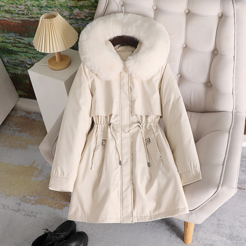 Damen nan mittellanger wasserabweisender Parka mit voluminösem Kunstfellkragen, Taillenzug und multifunktionalen Pattentaschen Nord Taschen