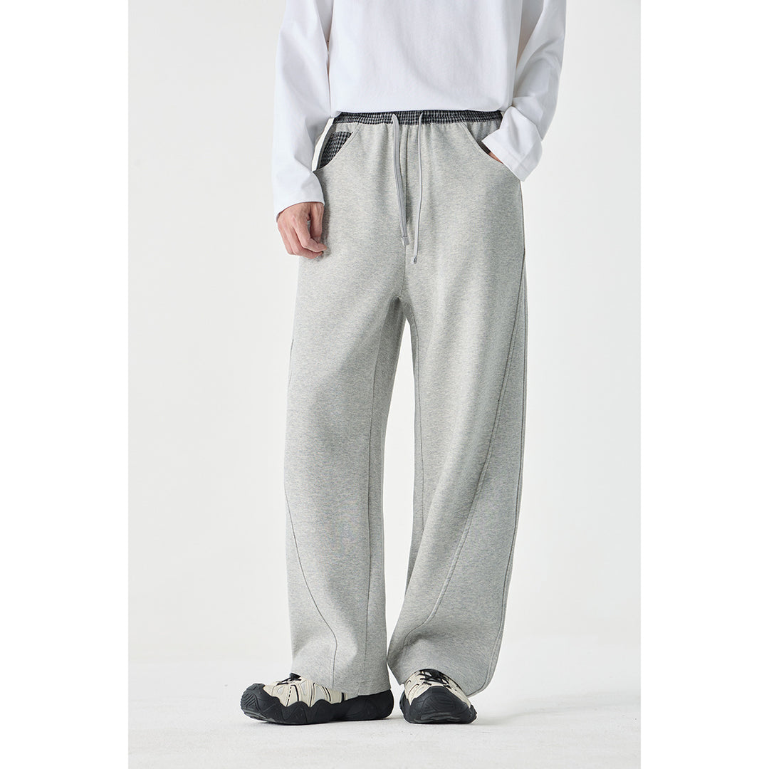 Damen Leichte Sweatpants mit hohem Gummibund, Karomusterbesatz und weitem Cropped Schnitt Nord Taschen
