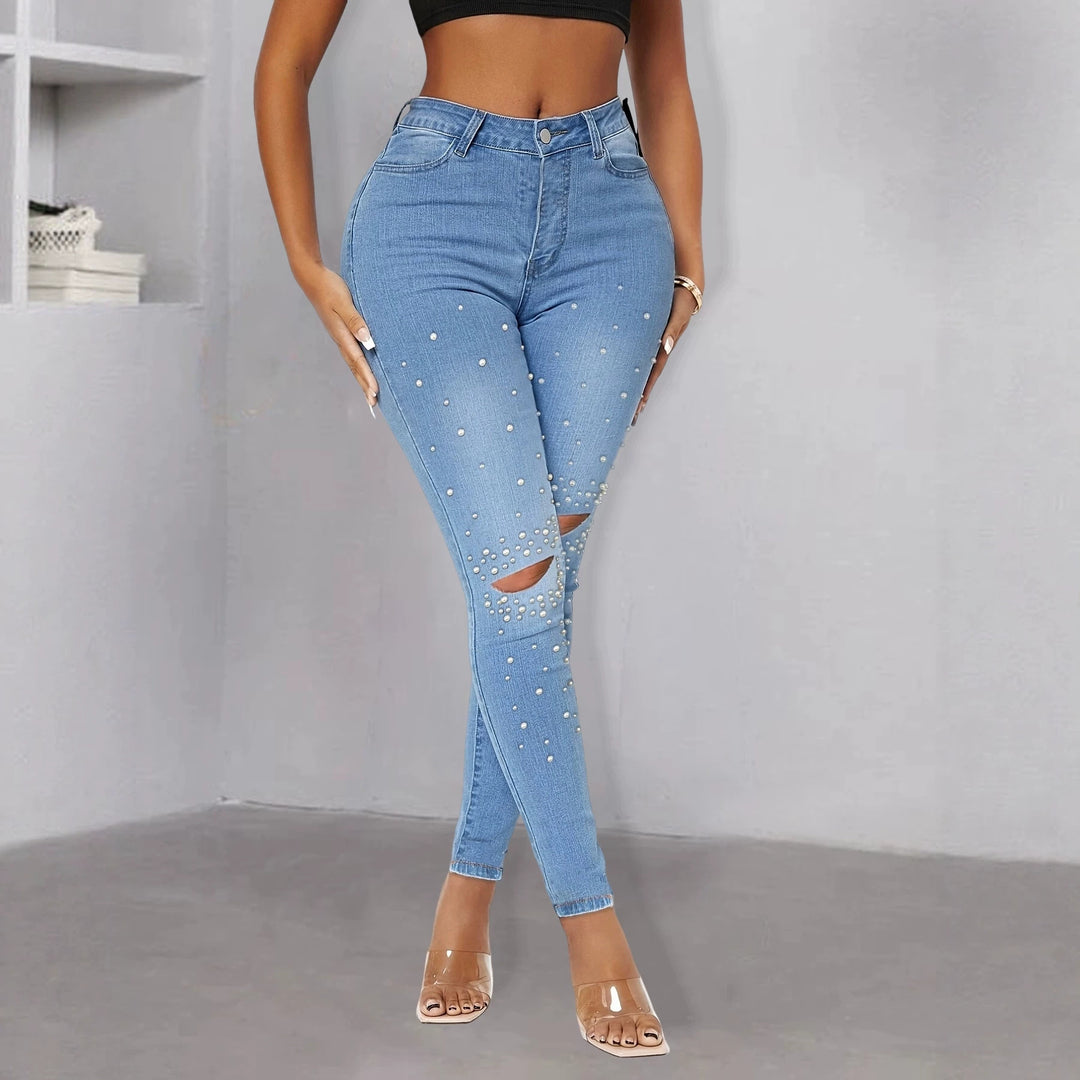 Damen Enganliegende High-Waist Skinny-Jeans mit Perlenbesatz und Knie-Cutouts Nord Taschen