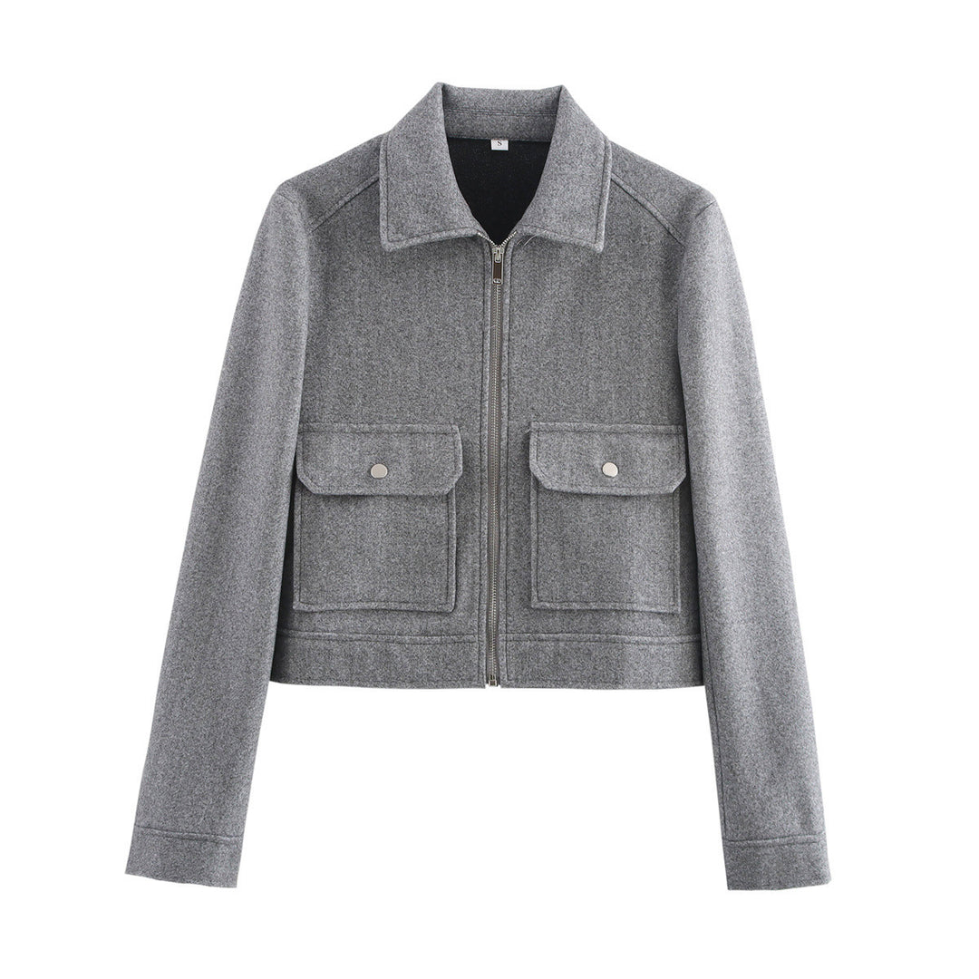 Damen Kurz geschnittene Wollmix-Jacke mit Hemdkragen, Reißverschluss und aufgesetzten Klappentaschen Nord Taschen