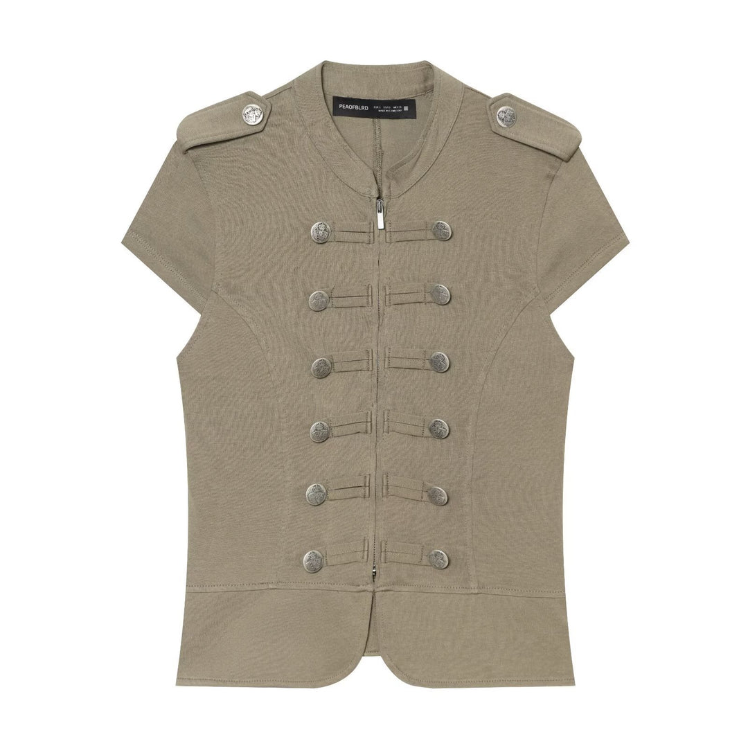 Damen Kurzärmelige militärisch-inspirierte Weste mit Zierriegeln und Metallknöpfen Nord Taschen