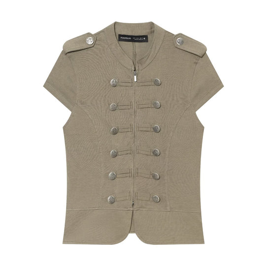 Damen Kurzärmelige militärisch-inspirierte Weste mit Zierriegeln und Metallknöpfen Nord Taschen