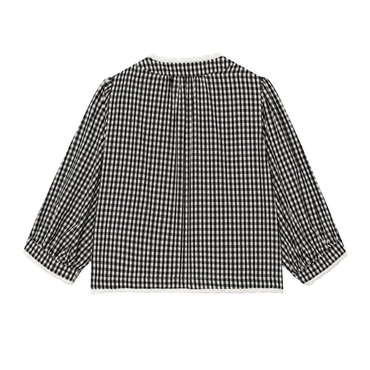 Damen Vichykaro-Bluse mit Häkelbesatz, Bindeband und dreiviertel Ballonärmeln Nord Taschen