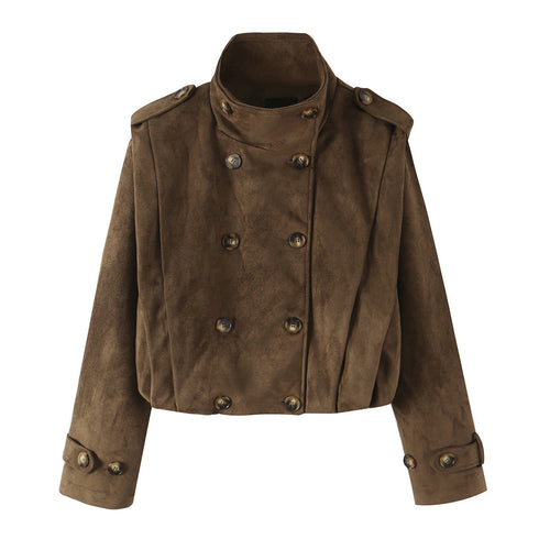 Damen Kurze Doppelreihige Velourslederjacke mit Stehkragen und Epauletten Nord Taschen