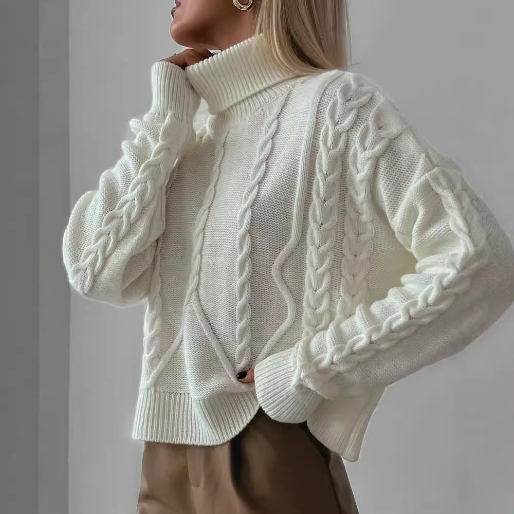 Damen Grobstrick-Rollkragenpullover mit Zopfstrick-Details Nord Taschen