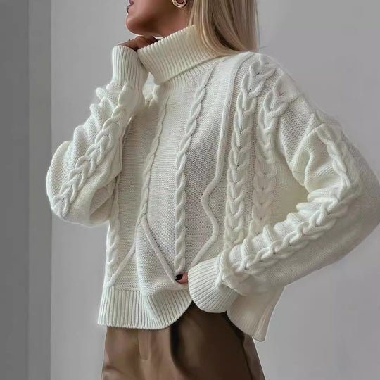 Damen Grobstrick-Rollkragenpullover mit Zopfstrick-Details Nord Taschen