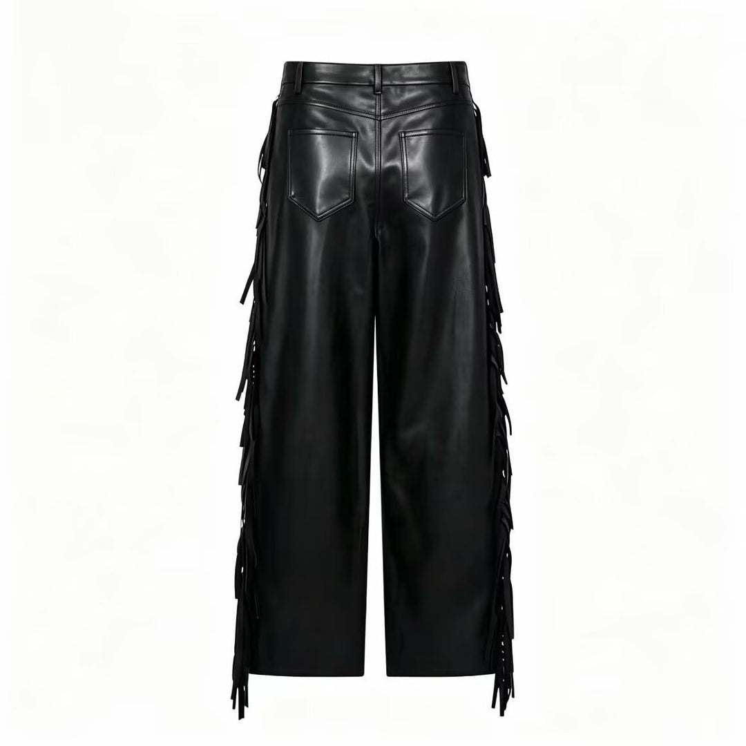 Damen weite Kunstlederhose mit seitlichem Fransenbesatz und hoher Taille Nord Taschen